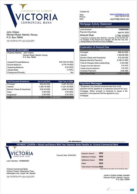 Download Kenya Victoria Commercial Bank mortgage statement Word and PDF template Photoshop template